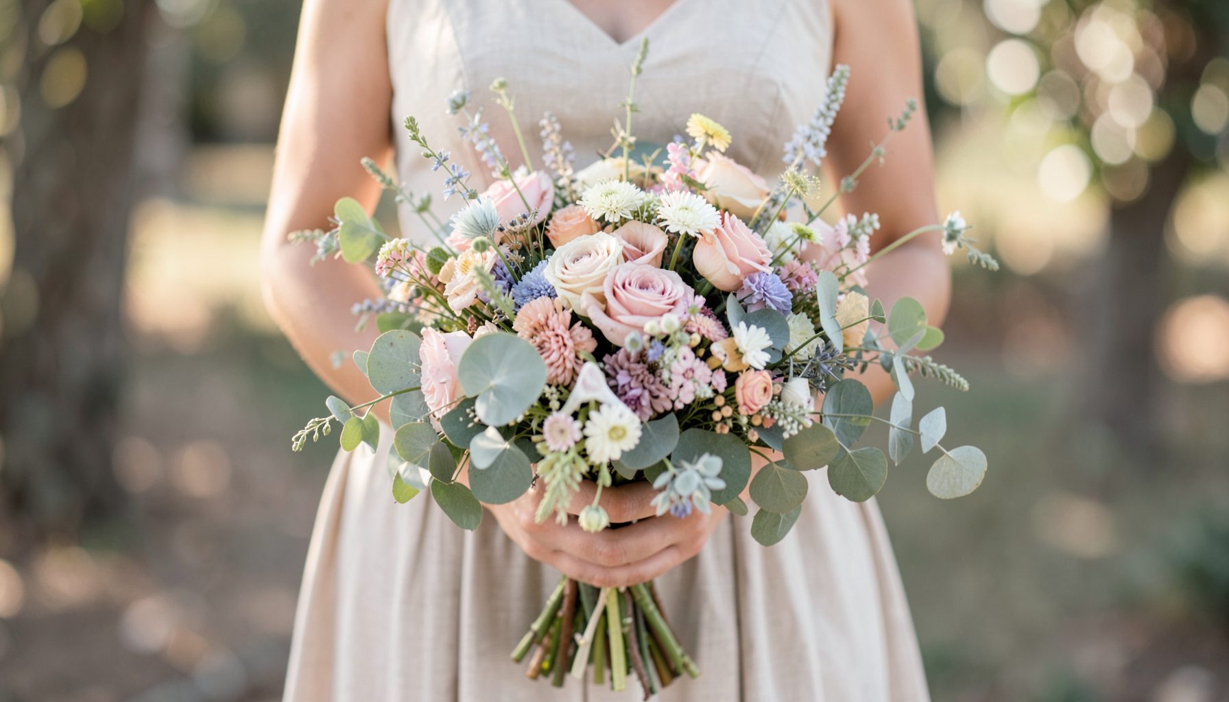 Bride's bouquet of wildflowers and eucalyptus in muted pastels, held against a soft linen dress, warm natural light