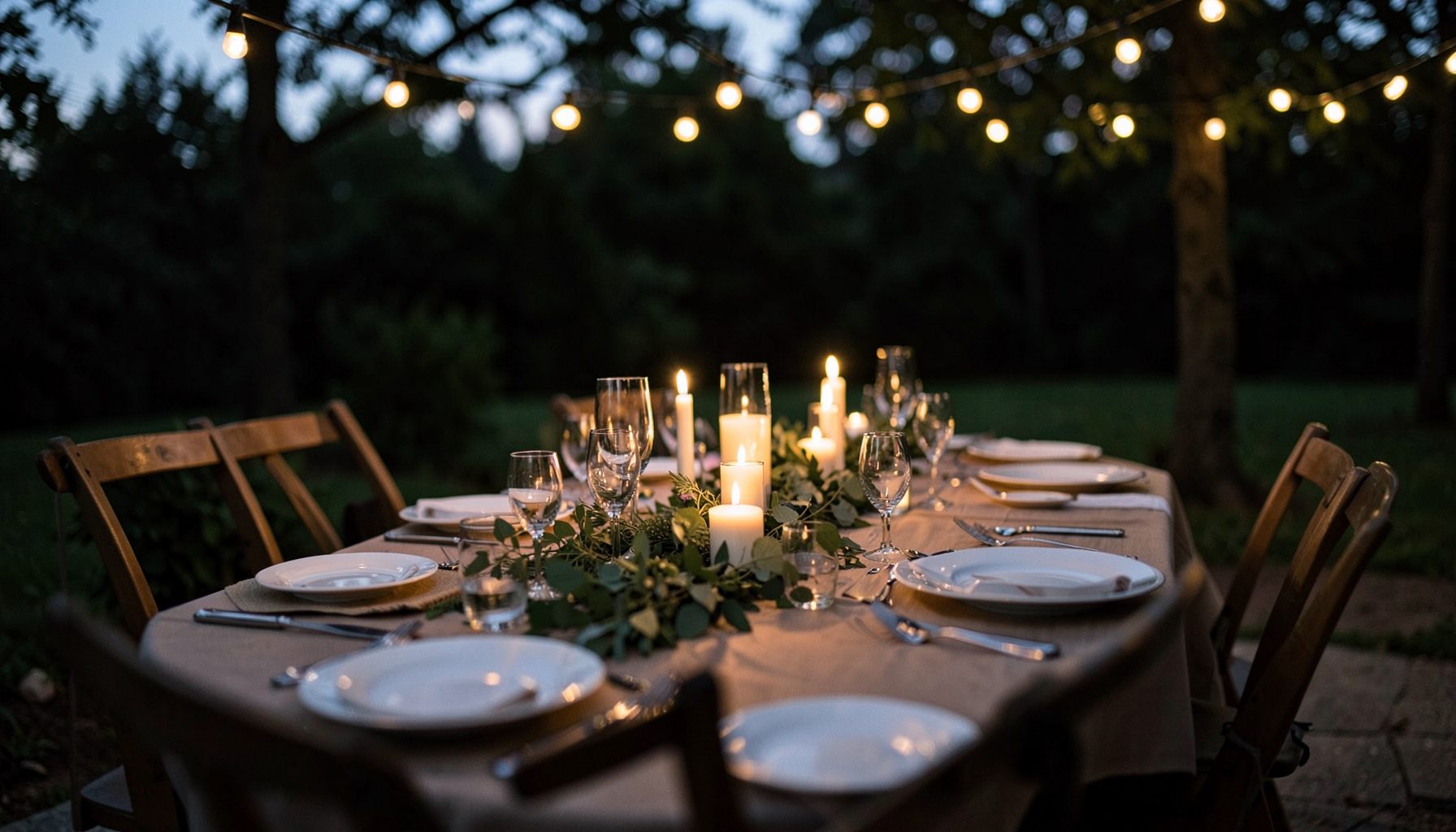 Outdoor reception table set with candles, greenery runners, and simple place settings under string lights at dusk