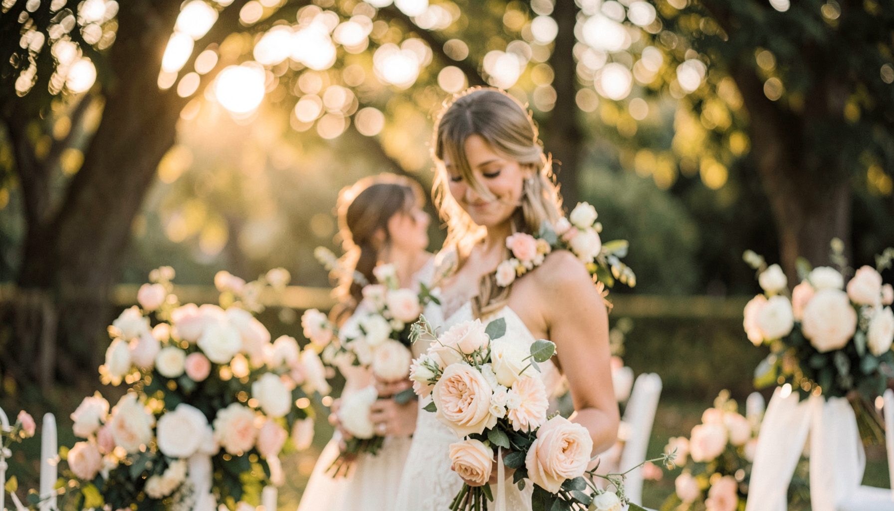 Soft-focus outdoor wedding scene with warm golden-hour light filtering through trees, cream and blush floral accents, romantic and intimate mood